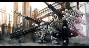  armored_core armored_core:_for_answer boosters building cannon city fuel_tank highres mecha no_humans pile_bunker ra0aaa robot shoulder_cannon steam vanguard_overboost white_glint 