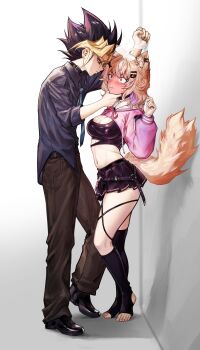  1boy 1girl ahoge animal_ear_fluff animal_ears black_hair black_shirt blonde_hair blonde_streaks blush breasts cat_ears cat_girl cat_tail collar colored_bangs colored_inner_hair commentary crop_top deka_yo english_commentary facial_mark full-face_blush highres indie_virtual_youtuber medium_breasts multicolored_hair muto_yugi navel necktie peacock_hair pleated_skirt purple_eyes red_eyes second-party_source shirt shrug_(clothing) shyrei_faolan single_thighhigh skirt spiked_hair stirrup_legwear tail thighhighs toeless_legwear virtual_youtuber whisker_markings white_background yu-gi-oh! 