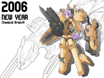  1girl 2006 belt black_gloves blue_eyes brown_belt brown_leotard brown_thighhighs commentary_request covered_navel drop_shadow exoskeleton full_body gloves gun hair_ornament holding holding_gun holding_weapon leotard mecha new_year original parted_lips purple_hair robot short_hair shuukan_watashi_no_g-mion single_glove solo standing thighhighs weapon 