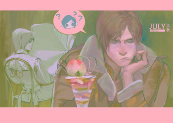  1boy 1girl ? ada_wong bags_under_eyes black_hair blonde_hair border brown_jacket chair chibi chibi_inset commentary frown fur-trimmed_jacket fur_trim head_on_hand highres holding holding_newspaper image_in_speech_bubble jacket leon_s._kennedy letterboxed newspaper parted_bangs peanut9021 pink_border resident_evil resident_evil_4 resident_evil_4_(remake) sunglasses swept_bangs symbol-only_commentary upper_body 