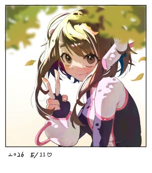  1girl bodysuit boku_no_hero_academia border brown_eyes brown_hair commentary_request dated headset highres korean_commentary leaf long_hair multicolored_bodysuit paint1092 sidelocks smile solo uraraka_ochako v white_border 