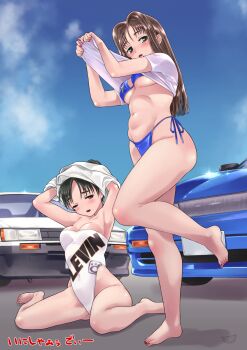  2girls barefoot bikini black_hair blue_bikini blue_sky breasts brown_hair car casual_one-piece_swimsuit clothes_writing cloud commentary_request highleg highleg_one-piece_swimsuit highres initial_d long_hair medium_breasts motor_vehicle multiple_girls nissan nissan_sileighty one-piece_swimsuit satou_mako sayuki_(initial_d) side-tie_bikini_bottom sitting sky strapless strapless_one-piece_swimsuit suika_blue swimsuit swimsuit_under_clothes toyota toyota_sprinter_trueno translation_request undressing wariza white_one-piece_swimsuit 