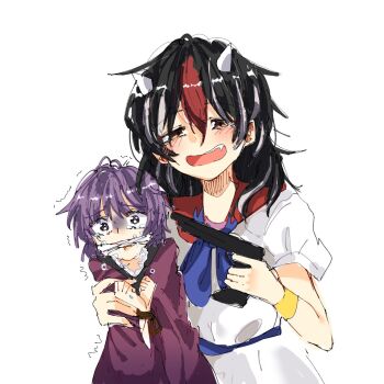  2girls bad_gun_anatomy black_hair bound bound_wrists bracelet cloth_gag commentary_request cone_horns crying crying_with_eyes_open dress fang gag gagged gold_bracelet gun hair_between_eyes handgun highres holding holding_gun holding_weapon horns hostage improvised_gag japanese_clothes jewelry kijin_seija kimono multicolored_hair multiple_girls open_mouth purple_hair scared shiya_re27 short_hair short_sleeves simple_background small_horns streaked_hair sukuna_shinmyoumaru tears touhou trembling upper_body weapon white_background wide_sleeves 