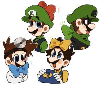  4boys angry ascot black_mask blue_eyes blue_hat blue_overalls blue_ribbon brown_hair commentary doctor dr._luigi dr._luigi_(game) dr._mario_(game) facial_hair gloves green_hat green_ribbon green_shirt hat highres holding holding_unworn_clothes holding_unworn_hat long_sleeves looking_up luigi male_focus mario_(series) mimimi_(mimimim9999) mr._l multiple_boys nintendo open_mouth overalls paper_mario red_ribbon ribbon shirt short_hair simple_background super_mario_bros.:_peach-hime_kyushutsu_dai_sakusen! super_paper_mario symbol-only_commentary tongue tongue_out unworn_hat unworn_headwear upper_body yellow_ribbon yellow_shirt 