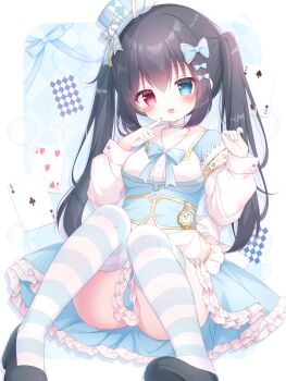  1girl :d absurdres black_hair blue_bow blush bow breasts commentary_request commission dress frills full_body hair_between_eyes hair_bow hair_ornament hat heart highres holding long_hair long_sleeves looking_at_viewer open_mouth original puffy_sleeves red_eyes ribbon shirt shoes sitting skeb_commission skirt sleeves_past_wrists smile solo star_(symbol) striped_bow thighhighs twintails underwear usami_cocoa very_long_hair white_shirt 