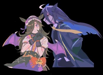  2girls ahoge animal_ears bat_wings black_background black_coat black_gloves black_hair black_shirt bow brown_hair closed_mouth coat collared_shirt commentary english_commentary flipped_hair flshfish frilled_hairband frills gloves hair_between_eyes hair_over_one_eye hairband halloween halloween_costume hands_in_pockets highres horse_ears horse_girl horse_tail jack-o'-lantern_ornament long_bangs long_hair long_hair_between_eyes long_sleeves looking_at_viewer manhattan_cafe_(creeping_shadow)_(umamusume) manhattan_cafe_(umamusume) multicolored_hair multiple_girls necktie official_alternate_costume puffy_short_sleeves puffy_sleeves purple_eyes purple_wings rice_shower_(umamusume) rice_shower_(vampire_makeover!)_(umamusume) shirt short_sleeves simple_background skirt spider_web_print tail umamusume white_shirt wings yellow_eyes yellow_necktie 