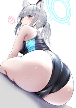 1girl ? absurdres animal_ear_fluff animal_ears ass ass_focus bare_arms bare_shoulders black_one-piece_swimsuit blue_archive blue_eyes blue_halo blush breasts cameltoe competition_swimsuit cross cross_hair_ornament extra_ears from_behind grey_hair hair_ornament halo highres inverted_cross kokihanada looking_at_viewer looking_back low_ponytail medium_breasts multicolored_swimsuit official_alternate_costume one-piece_swimsuit ponytail shiroko_(blue_archive) shiroko_(swimsuit)_(blue_archive) simple_background sitting solo spoken_question_mark swimsuit two-tone_swimsuit wet wet_clothes wet_swimsuit white_background wolf_ears rating:Questionable score:95 user:danbooru