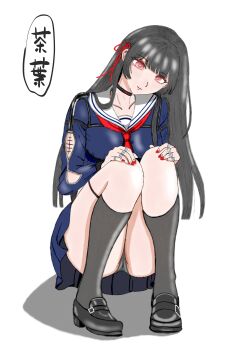  1girl absurdres black_choker black_hair black_panties black_serafuku black_shirt black_shoes black_skirt breasts chisa_(wuthering_waves) choker closed_mouth hair_ribbon highres long_hair mole mole_under_eye neckerchief panties red_eyes red_neckerchief red_ribbon ribbon sailor_collar school_uniform serafuku shirt shoes skirt squatting underwear white_background wuthering_waves 