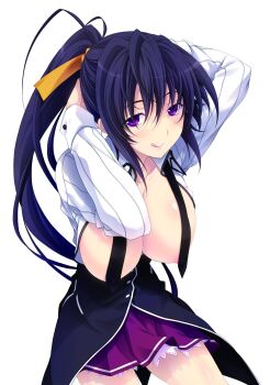  10s 1girl absurdres breasts breasts_out female_focus high_school_dxd highres himejima_akeno large_breasts long_hair miyama-zero ponytail purple_eyes sideboob smile solo standing  rating:Questionable score:54 user:arutos