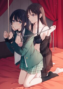  2girls bare_shoulders bdsm bed black_bra black_hair black_panties black_socks blazer blue_eyes blue_jacket blue_skirt blush bondage bondage_cuffs bound bra bra_peek breasts brown_eyes brown_hair chain cleavage collar collarbone collared_shirt commentary_request cuffs femdom full_body hand_up handcuffs highres holding holding_leash incest indoors jacket kneeling leash long_hair long_sleeves looking_at_another looking_at_viewer midriff multiple_girls navel no_shoes panties parted_lips plaid_clothes plaid_skirt pleated_skirt school_uniform shirt siblings sisters skirt slave smile socks tadano_yukiko twincest twins underwear voice_drama_available white_shirt yubinotacto yuri 