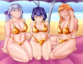  3girls beach bikini black_clover black_hair breasts closed_eyes elverguillash24 gold_bikini grey_hair horns large_breasts long_hair mimosa_vermillion multiple_girls noelle_silva orange_hair purple_eyes red_eyes secre_swallowtail short_hair swimsuit twintails  rating:Questionable score:3 user:Ultimate52