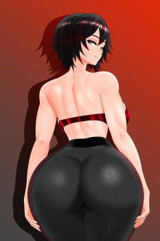  1girl ass ass_focus bare_shoulders black_hair bra breasts come_hither from_behind grey_eyes huge_ass large_breasts looking_at_viewer looking_back multicolored_hair naughty_face pantyhose red_hair ruby_rose rwby short_hair sideboob smile solo two-tone_hair underwear yojimbra 