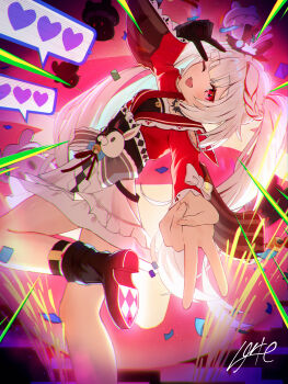  ;o absurdres black_boots black_gloves black_hat boots breasts capelet colorful_background commentary_request double_v gloves hat heart highres honkai:_star_rail honkai_(series) mini_hat mini_top_hat one_eye_closed purple_eyes red_capelet rerute_(lerte_6) single_glove skirt small_breasts sparkle_(honkai:_star_rail) sparxie_(honkai:_star_rail) thighs top_hat twintails v white_hair white_skirt 