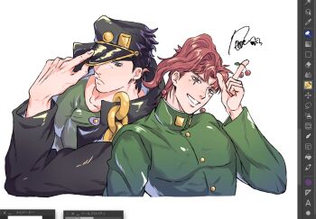  2boys adjusting_clothes adjusting_headwear black_coat black_hair black_hat chain cherry cherry_earrings closed_mouth coat commentary_request cropped_torso earrings food food-themed_earrings food_themed_earrings fruit gakuran gold_chain green_coat green_eyes green_shirt grin hand_on_headwear hand_up hat high_collar highres holding holding_food holding_fruit jewelry jojo_no_kimyou_na_bouken kakyoin_noriaki kotogre kuujou_joutarou long_sleeves looking_at_viewer male_focus multiple_boys muscular muscular_male peaked_cap pectorals red_hair scar scar_across_eye scar_on_face school_uniform shirt signature smile stardust_crusaders teeth upper_body user_interface white_background 