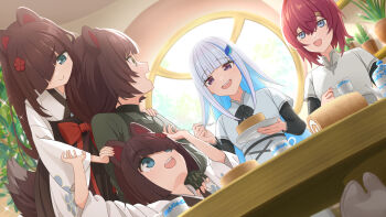  5girls :d ange_katrina animal_ears aqua_eyes ban_(page_of_lambda) black_bow black_bowtie black_hakama black_sleeves blue_eyes blue_hair blunt_bangs blush bow bowtie brown_hair brown_tail cake child closed_mouth colored_inner_hair commentary commentary_request corset cup diagonal_bangs dicotyle_dons dog_ears dog_girl dog_tail dutch_angle english_commentary fingerless_gloves floral_print floral_print_kimono flower food fork gloves green_gloves green_shirt hair_between_eyes hair_flower hair_ornament hair_over_one_eye hakama hand_on_another's_shoulder highres holding holding_cup holding_fork holding_plate indoors inui_toko japanese_clothes ken_(page_of_lambda) kimono layered_sleeves lize_helesta long_hair long_sleeves looking_at_another medium_hair mixed-language_commentary multicolored_hair multiple_girls nijisanji official_alternate_costume open_mouth page_of_lambda plant plate potted_plant print_kimono purple_eyes red_bow red_hair shirt short_over_long_sleeves short_sleeves smile socks sparkle streaked_hair swiss_roll tabi table tail teacup teapot teeth two-tone_hair upper_teeth_only very_long_hair virtual_youtuber white_corset white_hair white_kimono white_shirt white_socks window yellow_eyes 