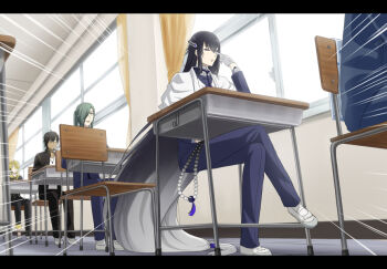  10s 5boys absurdly_long_hair black_hair chair classroom desk emphasis_lines gloves hira0812 hira_(hira0812) indoors invisible_chair juzumaru_tsunetsugu letterboxed long_hair low-tied_long_hair male_focus midorikawa_hikaru motion_lines multicolored_hair multiple_boys nikkari_aoe ookurikara parody sakamoto sakamoto_desu_ga? school school_chair school_desk shishiou_(touken_ranbu) shoes sitting solo_focus speed_lines touken_ranbu two-tone_hair uwabaki very_long_hair voice_actor_connection white_hair window 