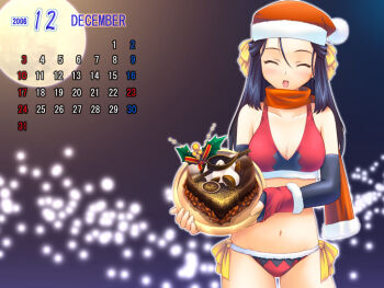  1girl 2006 ^_^ black_gloves black_hair black_panties bow bra breasts cake calendar_(medium) chocolate_cake christmas cleavage closed_eyes collarbone cowboy_shot december elbow_gloves food full_moon fur-trimmed_bra fur-trimmed_headwear fur-trimmed_panties fur-trimmed_scarf fur-trimmed_sleeves fur_trim gloves hair_between_eyes hair_bow happy hat heart heart-shaped_cake heart-shaped_food holding holding_cake holding_food holding_plate holly long_hair medium_breasts moon multicolored_bra multicolored_panties navel night nyaou_(round_facer) open_mouth original panties plate red_bra red_hat red_panties red_ribbon red_scarf red_sleeves ribbon santa_hat scarf side-tie_panties sleeves_past_wrists smile solo standing underwear underwear_only yellow_bow 