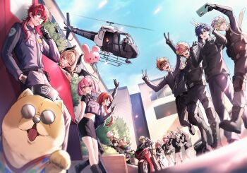  6+boys 6+girls :d :o absurdres adjusting_eyewear ahoge aircraft akagi_wen animal animal_balloon animal_ear_headphones animal_ears arm_up armor balloon belt black_belt black_boots black_gloves black_hair black_hat black_headband black_horns black_pants black_shirt black_skirt black_wings blonde_hair blue_bow blue_hair blue_sky blurry blush boots bow bracelet brown_dog brown_hair brown_pants brown_shirt building bulletproof_vest bunny_ears_prank bush camouflage camouflage_skirt cellphone cigarette closed_eyes clothed_animal collared_shirt commentary_request day demon_horns demon_tail demon_wings depth_of_field dog dog_request dot_nose double_v earmuffs earrings ex_albio eyewear_on_head fake_animal_ears fang fangs floating flower from_below gloves grey_necktie grin ha_yun hair_between_eyes hair_bow hair_flower hair_intakes hair_ornament hat headband headphones heart_on_cheek helicopter hibachi_mana highres holding holding_balloon horn_bow horn_ornament horns ishigami_nozomi jewelry kanda_shouichi kitami_yusei knee_pads koyanagi_rou kuramochi_meruto lace-up_boots lain_paterson lauren_iroas leaning_against_vehicle long_bangs long_hair long_sleeves looking_at_another looking_at_viewer low_ponytail makaino_ririmu medium_hair midriff mini_wings miniskirt motor_vehicle motorcycle multicolored_hair multiple_boys multiple_girls navel necktie nijisanji nijisanji_en nijisanji_kr nishizono_chigusa on_motorcycle one_eye_closed open_mouth orange_hair outdoors pants paw_up pencil_skirt phone pink_bow pink_hair police police_helicopter police_uniform policeman policewoman ponytail purple_hair rabbit_ear_headphones rabbit_ears red_hair red_necktie round_eyewear sakaki_ness sasaki_saku shirt shishido_akari short_hair short_sleeves shu_yamino shutter_shades single_earring skirt sky smartphone smile snowman_hat sophia_valentine standing streaked_hair sunglasses sunlight tail teeth tone_haruma truck twintails upper_teeth_only v very_long_hair virtual_youtuber white_hair white_necktie wings 