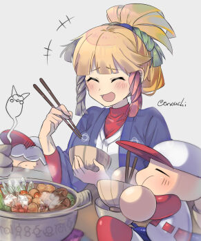  +++ 1girl 2boys baseball_cap baseball_uniform blue_haori bowl brown_hair chibi chonmage chopsticks closed_eyes enoki_nai food glasses grey_background hair_ornament haori hat highres holding holding_bowl holding_chopsticks honba_anko hotpot japanese_clothes jikkyou_powerful_pro_yakyuu multicolored_shirt multiple_boys mushroom nabe open_mouth power_pro_appli power_pro_kun red_shirt shiitake shirt shirt_under_shirt sportswear sukiyaki sweatdrop tofu topknot twitter_username vegetable white_shirt yabe_akio 