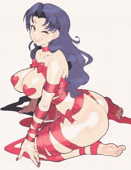 1girl ass bound breasts brown_eyes cleavage feet female_focus heart_pasties highres huge_ass inkerton-kun katsuragi_misato large_breasts lips long_hair looking_at_viewer mature_female naked_ribbon neon_genesis_evangelion nude one_eye_closed pasties purple_hair red_nails ribbon ribbon_bondage sitting smile solo wariza wink rating:Questionable score:88 user:TDogarooski