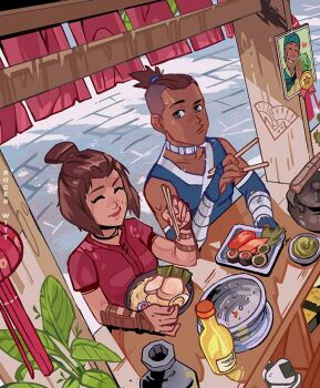  1boy 1girl artist_name asymmetrical_hair avatar:_the_last_airbender avatar_legends bandaged_arm bandages bare_shoulders blue_eyes blue_gloves blue_tunic bottle breasts brown_hair cabbage choker chopsticks closed_eyes dark-skinned_male dark_skin eating elbow_gloves gloves holding holding_chopsticks looking_at_another medium_breasts medium_hair photo_(object) ponytail red_shirt rogerwitt shirt short_sleeves sidecut sidelocks sokka suki_(avatar) sweatdrop topknot tunic undercut vambraces white_choker 