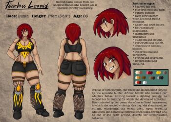  ass bare_shoulders belt breasts character_name character_profile color_guide commentary english_commentary english_text fearless_leonid_(marric) hand_on_own_hip highres marricmh medium_hair monster_hunter_(series) pocket red_eyes red_hair scar scar_on_face shorts sports_bra teeth 