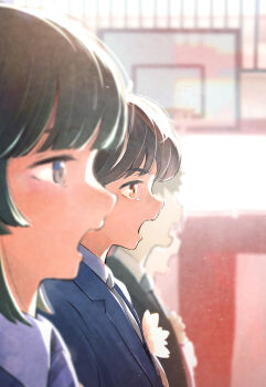  2boys absurdres black_hair blue_jacket blurry blurry_background blurry_foreground boutonniere commentary_request depth_of_field flower from_side graduation highres jacket karugamohouse lapels male_focus multiple_boys music necktie notched_lapels open_mouth original people profile short_hair singing solo_focus upper_body white_flower 