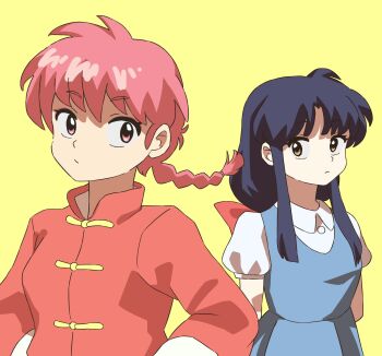  2girls blue_dress blue_hair braid brown_eyes closed_mouth commentary_request dress eyeshadow highres makeup multiple_girls pink_eyes pink_eyeshadow pink_hair protected_link puffy_short_sleeves puffy_sleeves ranma_1/2 short_sleeves single_braid tendou_akane tokito_rk yellow_background 