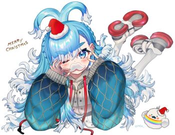  1girl blue_eyes blue_hair commentary english_commentary fake_facial_hair fake_mustache fur-trimmed_headwear fur_trim hat hololive hololive_indonesia jacket kobo_kanaeru kobo_kanaeru_(1st_costume) long_hair looking_at_viewer merry_christmas moa_(21energy12) multicolored_hair one_eye_closed red_hat santa_hat solo two-tone_hair very_long_hair virtual_youtuber white_hair white_jacket 