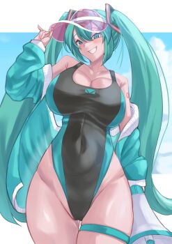  1girl absurdres aqua_eyes aqua_hair aqua_jacket black_one-piece_swimsuit breasts competition_swimsuit covered_navel cowboy_shot grin hatsune_miku highleg highleg_one-piece_swimsuit highres jacket kamizin large_breasts megaphone one-piece_swimsuit pink_visor smile solo swimsuit thigh_gap twintails two-tone_swimsuit visor_cap vocaloid 