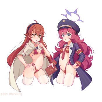  2girls artist_name bikini book breasts cape cleavage coat crossover curvy eris_greyrat finger_to_mouth half-closed_eyes hand_on_own_hip highres irodorimidori legs long_hair looking_at_viewer multiple_girls mushroom navel necktie open_clothes open_coat open_mouth pink_bikini pink_hair purple_eyes red_bikini red_eyes red_hair small_breasts swimsuit thighs thong_bikini tongue very_long_hair 