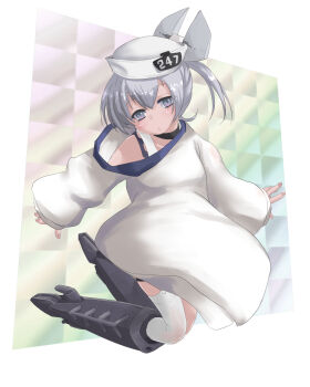  1girl ballet_boots bobabo commentary_request dace_(kancolle) dark-skinned_female dark_skin dixie_cup_hat grey_eyes grey_hair hat headgear highres kantai_collection long_hair military_hat shirt side_ponytail single_thighhigh sleeves_past_wrists solo swimsuit swimsuit_under_clothes thighhighs two-tone_one-piece_swimsuit white_shirt white_thighhighs 