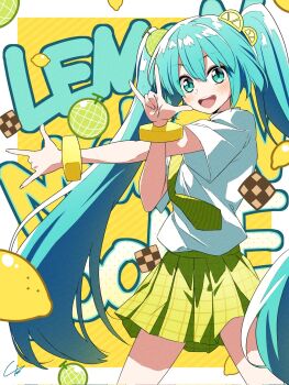  1girl 4b-enpitsu aqua_eyes aqua_hair blush commentary food fruit green_necktie green_skirt hatsune_miku highres lemon lemon_melon_cookie_(vocaloid) long_hair looking_at_viewer necktie open_mouth pleated_skirt shirt short_sleeves skirt solo teeth twintails untranslatable_commentary upper_teeth_only vocaloid white_shirt 