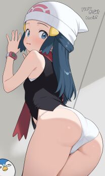  1girl against_wall artist_name ass bare_shoulders beanie bent_over black_shirt blue_eyes blue_hair blush come_hither dawn_(pokemon) from_behind hair_ornament hairclip hands_up hat leaning_forward loli long_hair looking_at_viewer looking_back moai_t nintendo no_pants open_mouth panties pokemon pokemon_(creature) pokemon_diamond/pearl/platinum poketch red_scarf scarf shirt sleeveless sleeveless_shirt sweatdrop thighs underwear watch white_panties wristwatch  rating:Sensitive score:176 user:CunnyInc