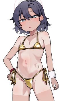  1girl absurdres bikini black_hair blue_archive blush collarbone cowboy_shot flat_chest gold_bikini grey_eyes halo highres loli looking_at_viewer micro_bikini mole mole_on_pussy navel one-piece_tan open_mouth poyo154297 red_halo short_hair side-tie_bikini_bottom simple_background solo string_bikini swimsuit tan tanline track_and_field_club_member_(blue_archive) triangle_bikini_top white_background 
