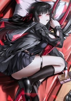  1girl absurdres arm_cutout black_choker black_hair black_serafuku black_shirt black_shoes black_skirt blush breasts chisa_(wuthering_waves) choker cliov clothing_cutout food food_in_mouth hair_ribbon hashtag-only_commentary highres holding holding_weapon large_breasts long_hair long_sleeves looking_at_viewer lying mole mole_under_eye neckerchief on_side pocky pocky_in_mouth red_eyes red_neckerchief red_ribbon ribbon sailor_collar school_uniform serafuku shirt shoes skirt solo tacet_mark_(wuthering_waves) weapon white_sailor_collar wuthering_waves 