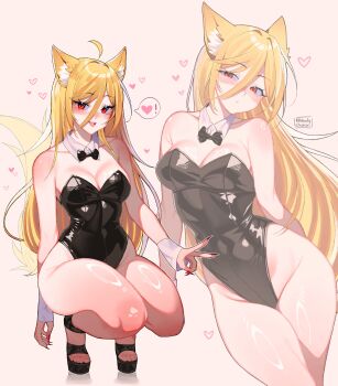  1girl absurdres ahoge animal_ear_fluff animal_ears artist_name black_bow black_bowtie blonde_hair bow bowtie breasts brown_background cleavage closed_mouth commentary commission detached_collar dot_mouth english_commentary full_body hair_between_eyes heart high_heels highres leotard looking_at_viewer multiple_views noodychaan open_mouth original red_eyes red_nails shiny_skin simple_background speech_bubble spoken_heart squatting strapless strapless_leotard tail white_wrist_cuffs wrist_cuffs 