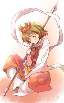  1girl animal_print belt bishamonten's_spear black_ribbon black_streaks blonde_hair blush commentary_request frilled_skirt frills full_body hagoromo hat headpiece holding holding_polearm holding_weapon light_smile long_sleeves lotus_position o-ring o-ring_belt orange_background orange_hat pants polearm rangycrow red_skirt red_vest ribbon shawl shirt sideways_glance skirt solo split_mouth tiger_print toramaru_shou touhou vest weapon white_pants white_shirt yellow_eyes 