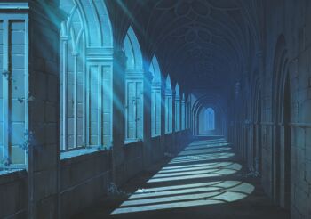 abandoned arcade_(architecture) arch arched_window architecture blue_archive cathedral church column cool_colored european_architecture game_asset gothic_architecture hallway indoors ivy light_rays moonlight night no_humans non-web_source official_art perspective pillar plant ruins scenery self-datamine shadow stone_floor stone_wall vaulted_ceiling window window_shadow