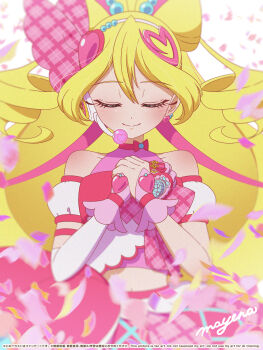  1girl artist_name asymmetrical_gloves blonde_hair blurry brooch closed_eyes closed_mouth commentary cowboy_shot cure_idol detached_sleeves double_bun drill_hair earrings facing_viewer gloves hair_bun hair_ornament hair_ribbon hairband half_gloves heart heart_brooch heart_hair_ornament heart_hair_strand highres idol_heart_brooch_(precure) idol_heart_incom jewelry kimi_to_idol_precure long_hair magical_girl mayena midriff multicolored_hair own_hands_together petals pink_gloves pink_shirt pink_skirt praying precure puffy_detached_sleeves puffy_sleeves ribbon shirt signature skirt sleeveless sleeveless_shirt smile solo standing streaked_hair two-tone_hair very_long_hair white_hairband 