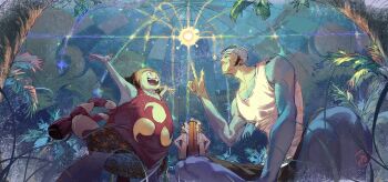  3boys absurdres aged_down arms_up black_hair dr._vegapunk hands_on_own_hips hat highres kizaru_(one_piece) looking_up male_focus multiple_boys one_piece rope sentoumaru shimenawa sideburns siyangou49 sparkle tank_top tongue tongue_out 