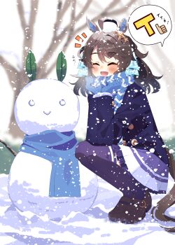  1girl absurdres ahoge amane_hikari animal_ears blurry blurry_background blush closed_eyes commentary_request hair_ornament highres horse_ears horse_girl horse_tail looking_at_viewer open_mouth scarf school_uniform snow snowing snowman solo_focus star_(symbol) star_hair_ornament t-head_trainer_(umamusume) tail thighhighs tracen_school_uniform trainer_(umamusume) umamusume winter_uniform 
