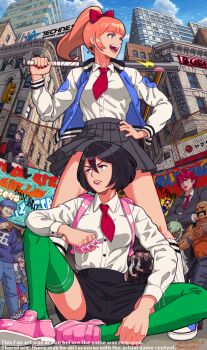  5girls 6+boys abobo backpack bag baseball_bat black_hair black_nails black_shorts blue_eyes blue_shoes bow building chain-link_fence cityscape collared_shirt commentary_request convenient_censoring convenient_head dated day double-parted_bangs earrings english_text fence godai_(kunio-kun) green_thighhighs hair_bow hair_ornament hairclip hand_on_own_hip hasebe_kazumi highres holding holding_baseball_bat holding_behind_back holding_weapon_behind_back jacket jewelry kneehighs kunio-kun kunio-kun_series kyoko_(kunio-kun) letterman_jacket long_sleeves miniskirt misako_(kunio-kun) misuzu_(kunio-kun) multiple_boys multiple_girls necktie noize_(river_city_girls) open_clothes open_jacket outdoors pink_bag pink_shoes pixel_art pleated_skirt ponytail raikou_(yorimitsu) red_eyes red_hair red_necktie river_city_girls shimada_mami shirt shirt_tucked_in shoes short_hair shorts skirt skyscraper sneakers socks spiked_knuckles thighhighs watermark white_shirt x_hair_ornament yamada_taiki 