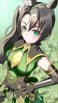  1girl animal_ears black_gloves black_hair black_suspenders blush breasts closed_mouth commentary crown_ornament ear_ornament ear_through_crown elbow_gloves frown gloves green_eyes green_sweater hair_between_eyes hands_on_own_hips highres horse_ears horse_girl large_breasts long_hair multicolored_hair necktie ribbed_sweater satono_crown_(emerald_journey)_(umamusume) satono_crown_(umamusume) shikata_haruki shorts side_ponytail sleeveless sleeveless_sweater solo streaked_hair suspender_shorts suspenders sweater umamusume white_hair yellow_necktie 