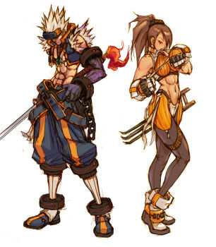  00s 1boy 1girl abs bandages brown_hair chain dungeon_and_fighter fighter_(dungeon_and_fighter) gloves jacket jewelry male_slayer_(dungeon_and_fighter) necklace ponytail spiked_hair sword weapon white_hair 