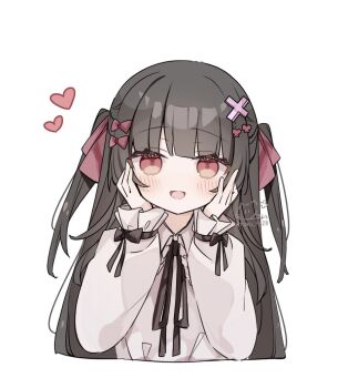  1girl :d black_bow black_hair black_ribbon blunt_bangs blush bow collared_shirt commentary cropped_torso hair_bow hair_ornament hands_up long_hair long_sleeves looking_at_viewer neck_ribbon open_mouth original red_bow red_eyes ribbon ringouulu shirt simple_background sleeve_bow smile solo two_side_up untranslatable_commentary white_background white_shirt x_hair_ornament 