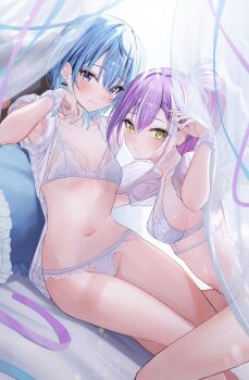 2girls blue_eyes blue_hair bow bow_earrings bra breasts camisole closed_mouth curtains earrings highres hololive hoshimachi_suisei jewelry long_hair medium_breasts multiple_girls navel panties ponytail puffy_short_sleeves puffy_sleeves purple_hair sanada_keisui short_hair short_sleeves small_breasts smile star_(symbol) star_in_eye stomach symbol_in_eye tokoyami_towa underwear underwear_only virtual_youtuber white_bra white_panties yellow_eyes rating:Sensitive score:48 user:danbooru