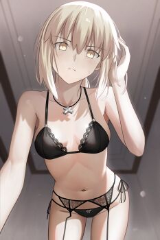  1girl absurdres artoria_pendragon_(fate) bare_shoulders black_bra black_panties blonde_hair bra breasts cleavage commentary english_commentary fate/grand_order fate_(series) garter_belt highres lace lace-trimmed_bra lace_trim long_hair longdq3008 looking_at_viewer low_ponytail medium_breasts navel panties ponytail revision saber_alter sidelocks solo thighs underwear yellow_eyes 