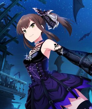  1girl animal arm_tattoo bare_shoulders bat_(animal) bat_hair_ornament bat_wings black_dress black_ribbon black_sleeves blue_sky blunt_ends breasts brown_hair choker cleavage closed_mouth cowboy_shot diffraction_spikes double-parted_bangs dress fishnet_sleeves fishnets game_cg glint green_eyes hair_ornament hair_ribbon halloween layered_sleeves long_sidelocks looking_at_viewer medium_hair night official_art outdoors purple_choker purple_dress purple_thighhighs railing ribbon ruins side_ponytail sidelocks sky small_breasts smile solo spider_web_print star_(sky) starry_sky suzumoto_hana tattoo thighhighs third-party_source toji_no_miko toji_no_miko:_kizamishi_issen_no_tomoshibi two-tone_dress wide_sleeves wings 