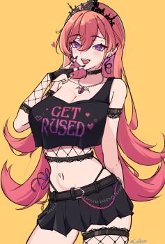  1girl absurdres belt black_belt black_nails black_skirt black_tiara breasts cleavage clothes_writing commentary coubalty earrings english_commentary fishnet_thighhighs fishnets gradient_hair hair_between_eyes heart highres jewelry long_hair midriff multicolored_hair navel necklace open_mouth orange_hair panty_straps phase_connect piercing pink_hair purple_eyes runie_ruse second-party_source single_fishnet_legwear skirt snake_earrings solo thighhighs tiara tongue_piercing twitter_username virtual_youtuber yellow_background 